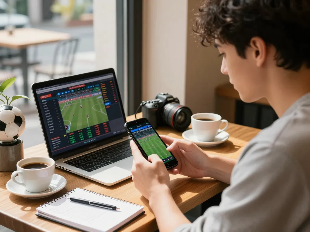 Engaged young adult using Topbet đăng nhập on a smartphone app in an energetic café environment.