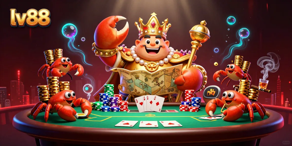 Experience lv88's thrilling casino world with a golden crab emperor on an action-packed poker table.