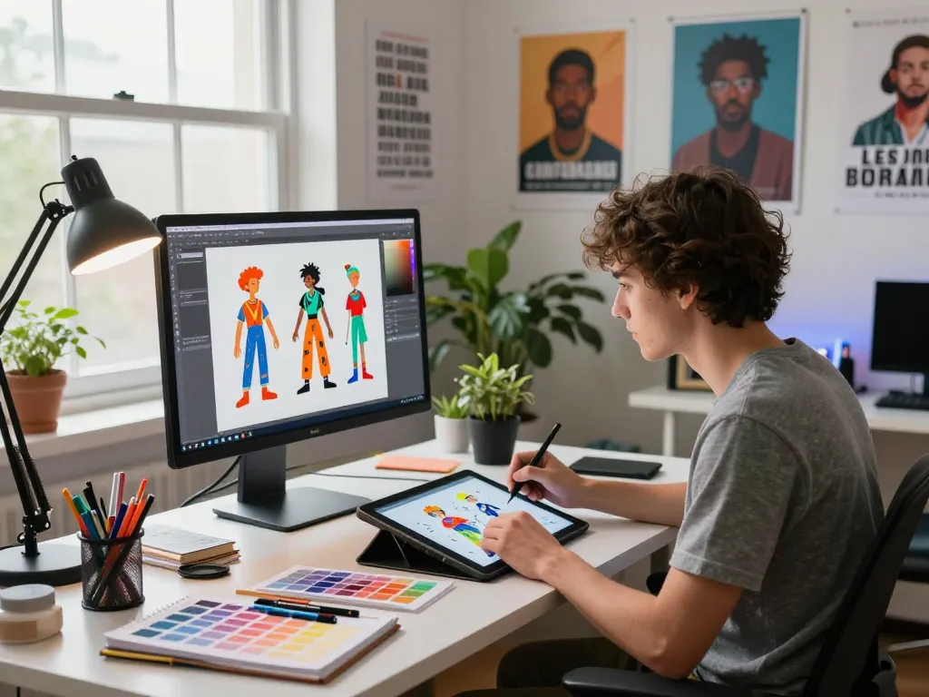 Dynamic digital art studio showcasing juicy ai character design process in a vibrant creative workspace.
