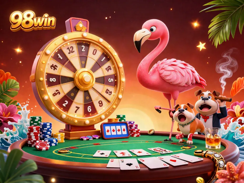 98win offers a thrilling atmosphere with colorful poker elements, as the flamingo host spins the prize wheel.