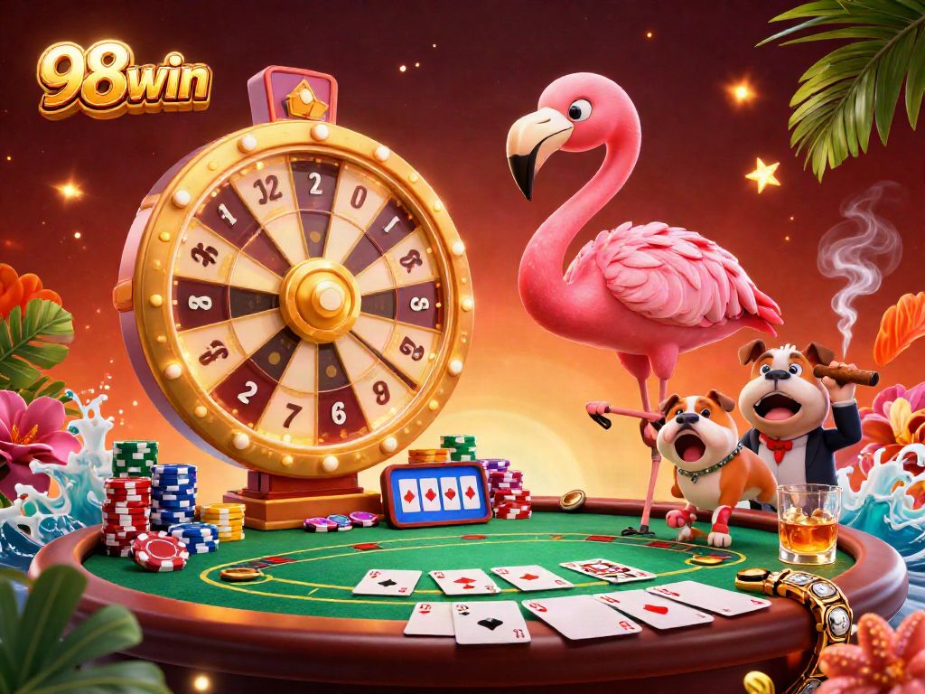 98win offers a thrilling atmosphere with colorful poker elements, as the flamingo host spins the prize wheel.