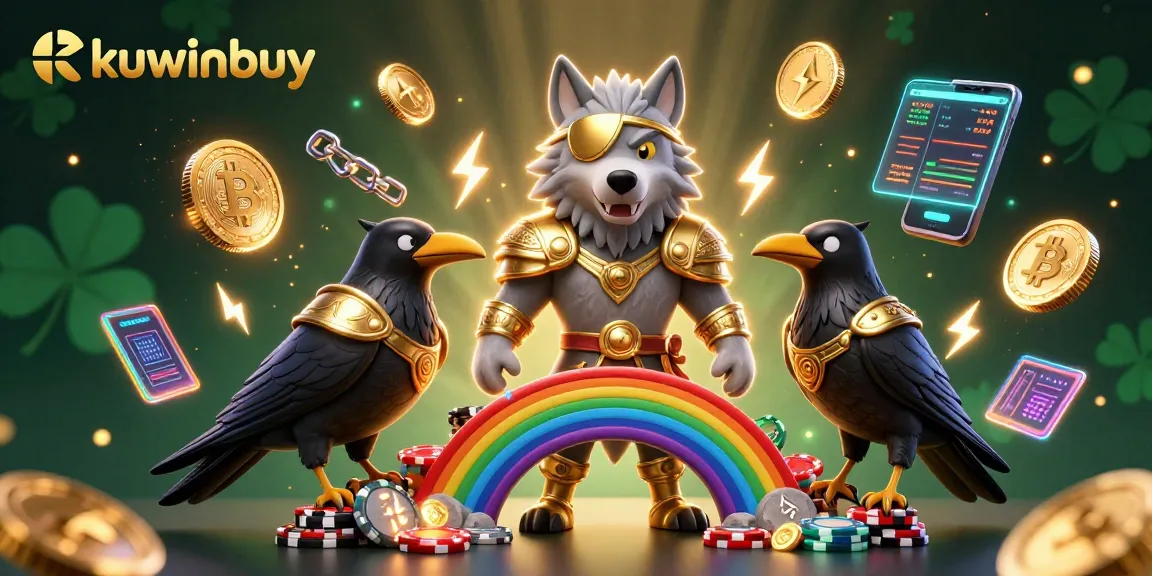 Engage with kuwinbuy's vibrant 3D casino art featuring a Norse-inspired Odin wolf amidst cryptocurrency elements.