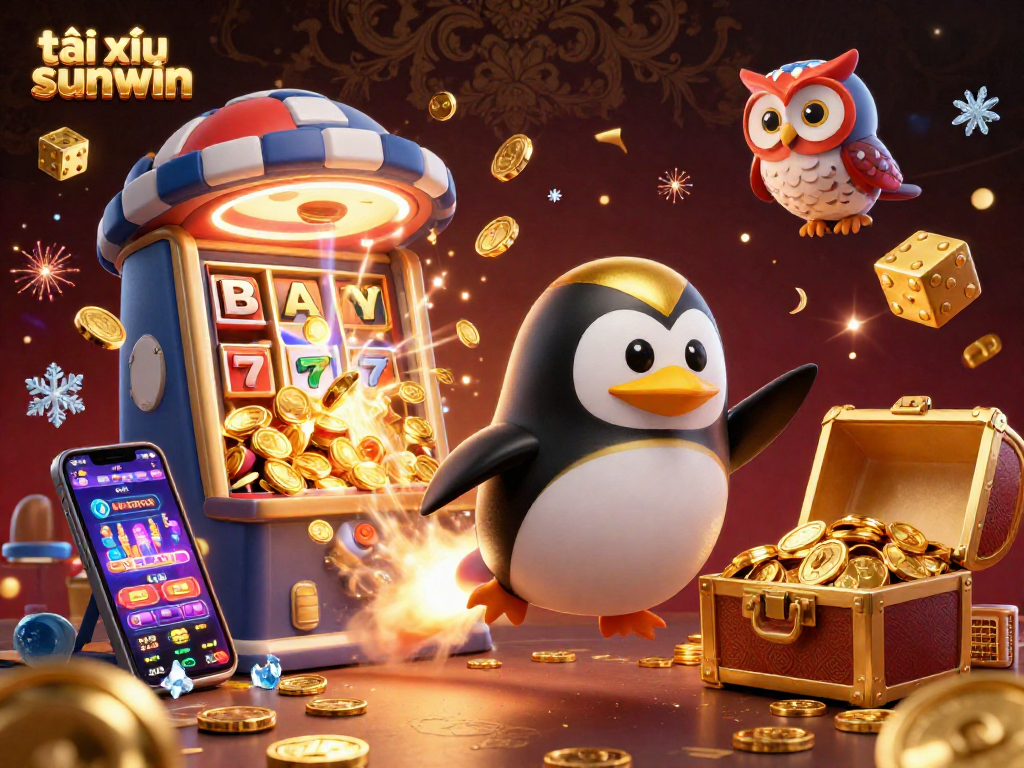 Experience thrilling wins at tài xỉu sunwin with a vibrant 3D illustration featuring an animated penguin and casino elements.