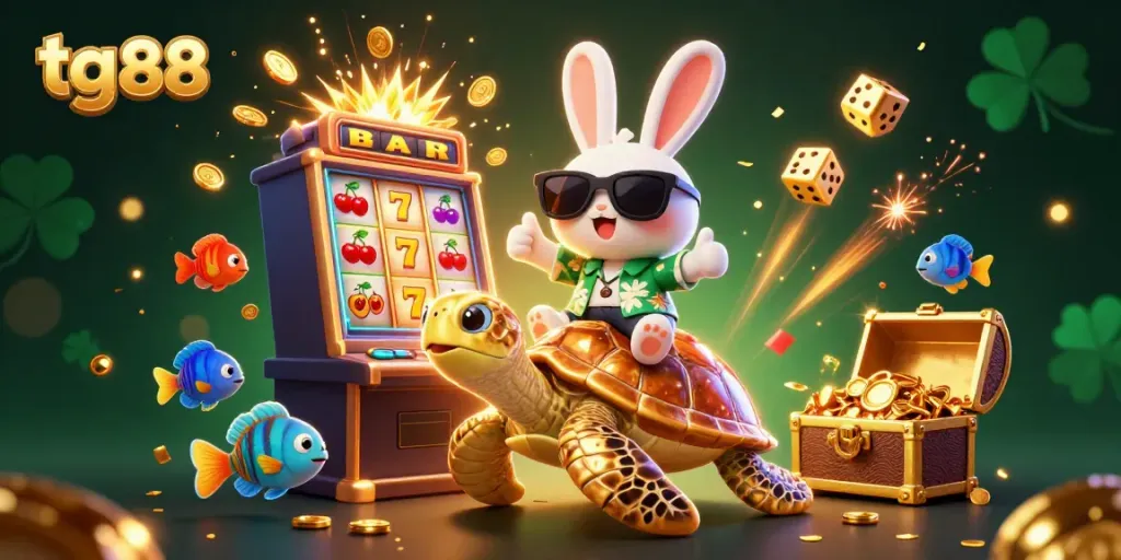 Experience fun and excitement at tg 88 with cartoon rabbit, golden turtle, and slot machine bursting coins.