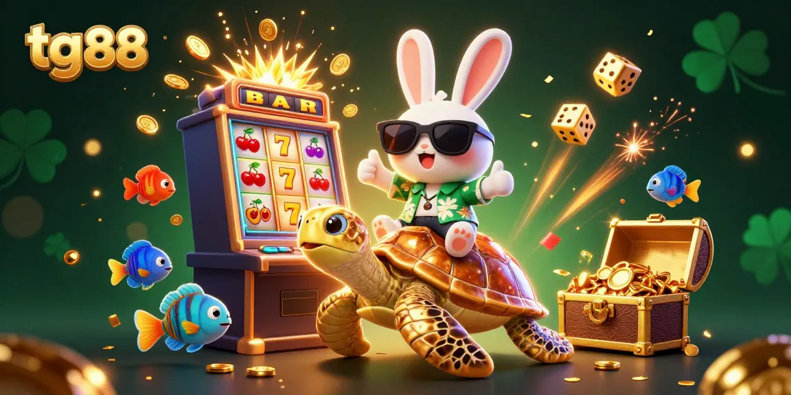 Experience fun and excitement at tg 88 with cartoon rabbit, golden turtle, and slot machine bursting coins.