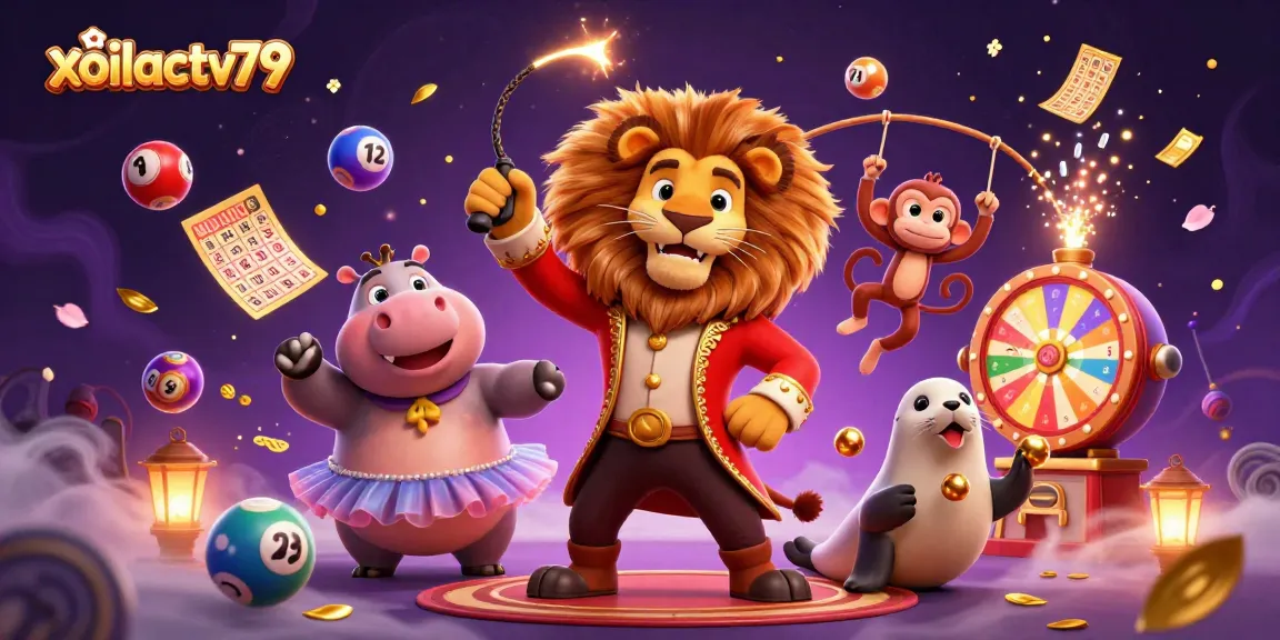 Experience the thrill of gambling with xoilactv79 as colorful lottery balls bounce in a lively casino illustration.