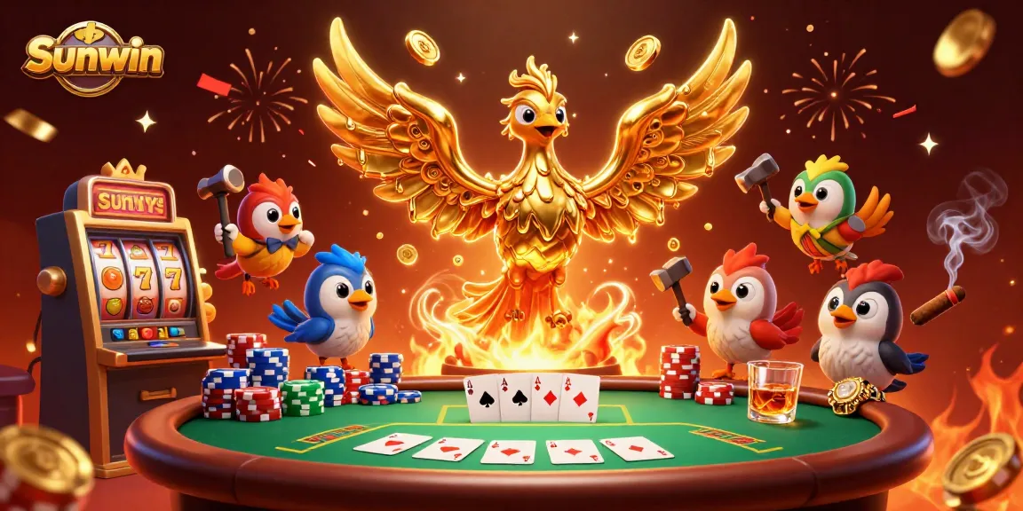 Experience Sunwin's thrilling gaming atmosphere with a golden phoenix emerging among vibrant slots and poker tables.