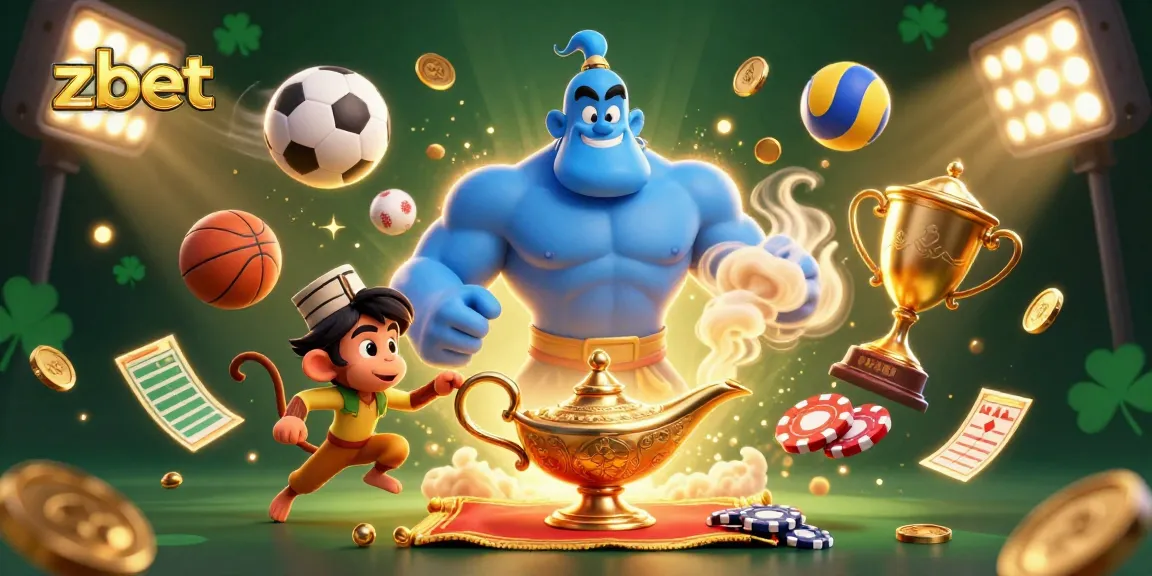 Experience thrilling zbet action as a blue genie and monkey playfully interact with sports elements.
