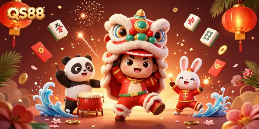 Experience exciting casino winnings at QS88 with this vibrant lion dance illustration showcasing gambling joy.