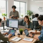 Team collaborating with tech gadgets for productivity in a bright modern office.