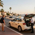 Scène de Taxi Saint-Tropez avec une voiture luxueuse et un chauffeur sympathique prêt à aider les voyageurs.