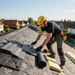 Professionele dakdekker inspecteert een leien dak in Hoevelaken, en toont hoogwaardige dakdekker diensten op https://www.de-kraaij.com/dakdekker-hoevelaken.