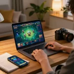 Engaging in a 789win game online with a laptop setup, showcasing strategy and excitement.