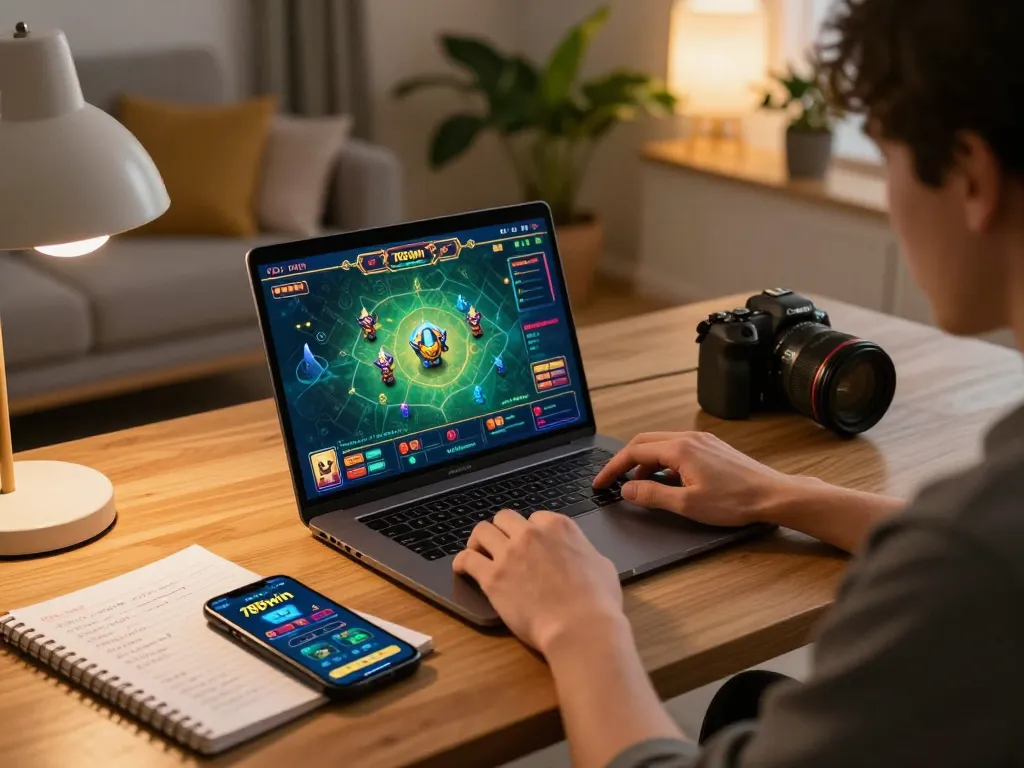 Engaging in a 789win game online with a laptop setup, showcasing strategy and excitement.
