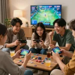 Friends enjoying the app tài xỉu online uy tín in a cozy atmosphere with gaming chips and drinks.