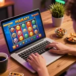 Engaging user placing bets on slot pulsa game interface on a laptop, showcasing responsible gaming.