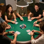 Players enjoy a friendly poker night at home, featuring strategic gameplay and community, showcasing uk88in.