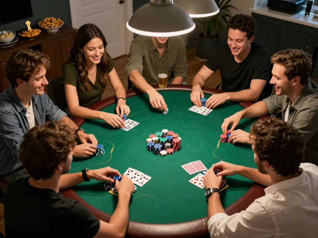 Players enjoy a friendly poker night at home, featuring strategic gameplay and community, showcasing uk88in.