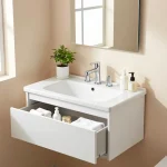 Compacte badkamer met een badmeubel 50 cm breed met georganiseerde lades en een stijlvolle wastafel.