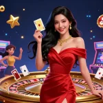 BINTANG5TOTO showcases a vibrant casino scene with a smiling Asian woman and gaming elements.