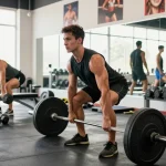 Prime Pharma Steroiden in action, bodybuilder performing deadlifts in a vibrant fitness studio with gym equipment.