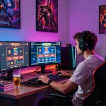 Engaging online betting experience with MM88 in a vibrant gaming setup featuring multiple monitors and colorful ambient lighting.