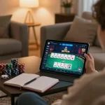 A person enjoying a poker game with the 8K BET app on a tablet in a cozy home setting.
