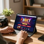 Player engaging in online gaming at F8bét casino using a tablet on a stylish desk