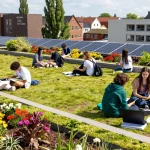 Studenten die studeren op het sedumdak van het Amsterdams Lyceum, ter bevordering van duurzaamheid en onderwijs.