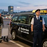 Betrouwbare taxi centrale amsterdam service op de luchthaven met professionele chauffeur en verlichte stadsachtergrond.