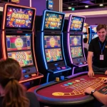 Begeisterter Spieler in einem Paysafe Card Casino, der Spiele und die lebendige Atmosphäre genießt.