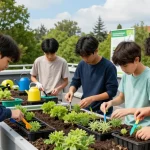 Studenten van Amsterdams Lyceum planten sedum op een groen dak, ter bevordering van duurzaamheid.