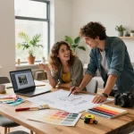 Koppel plant verbouwing en verhuizing Utrecht met blauwdrukken en gereedschap in een modern appartement