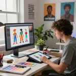 Dynamic digital art studio showcasing juicy ai character design process in a vibrant creative workspace.