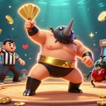 Experience the excitement at five88ae with a thrilling scene of a sumo champion beetle amidst golden coins, arcade machines, and slot reels.