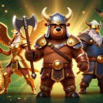 Experience game bài tiến lên offline with this dynamic illustration showcasing a Viking bear and Valkyrie eagle amidst casino elements.