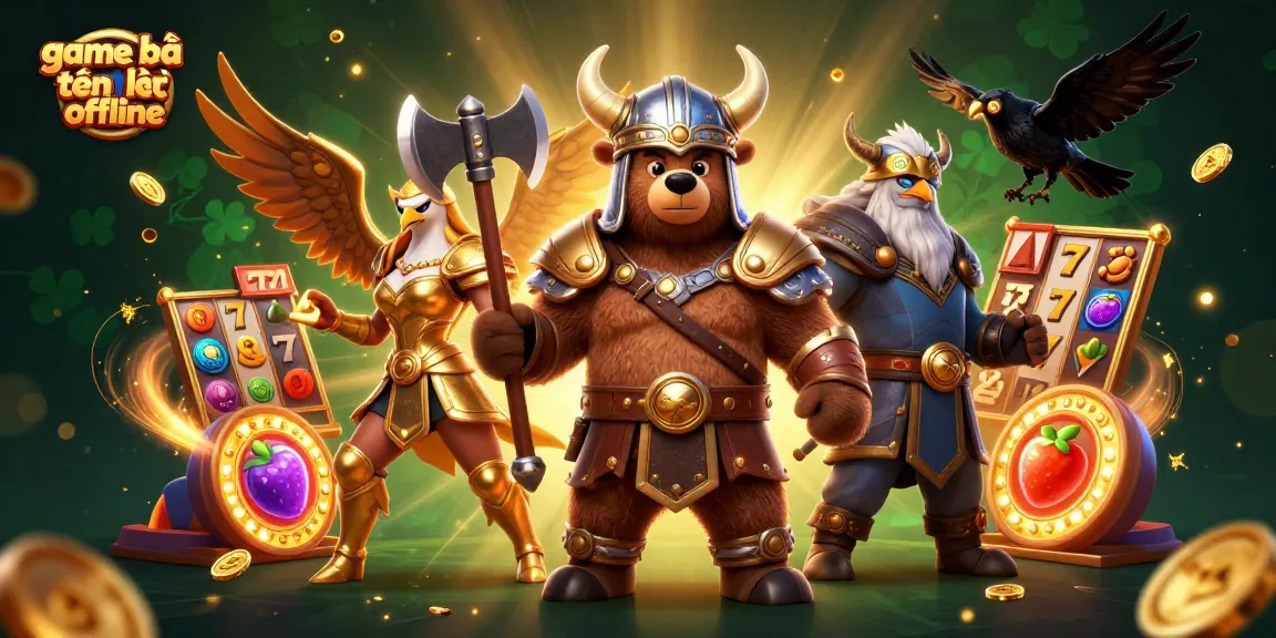 Experience game bài tiến lên offline with this dynamic illustration showcasing a Viking bear and Valkyrie eagle amidst casino elements.