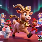 Play exciting casino games at gk88, featuring a festive Krampus goat amidst vibrant slot machines and playful elfin mischief.
