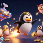 Experience the excitement of VIN88's casino environment with a golden penguin soaring past dazzling slots and treasures.