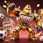 Experience thrilling gameplay at lucky88 com with a golden gorilla mech surrounded by dynamic sports elements.