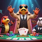 Join the fun at uk88it with cartoon raptors entering a VIP casino lounge filled with poker action.