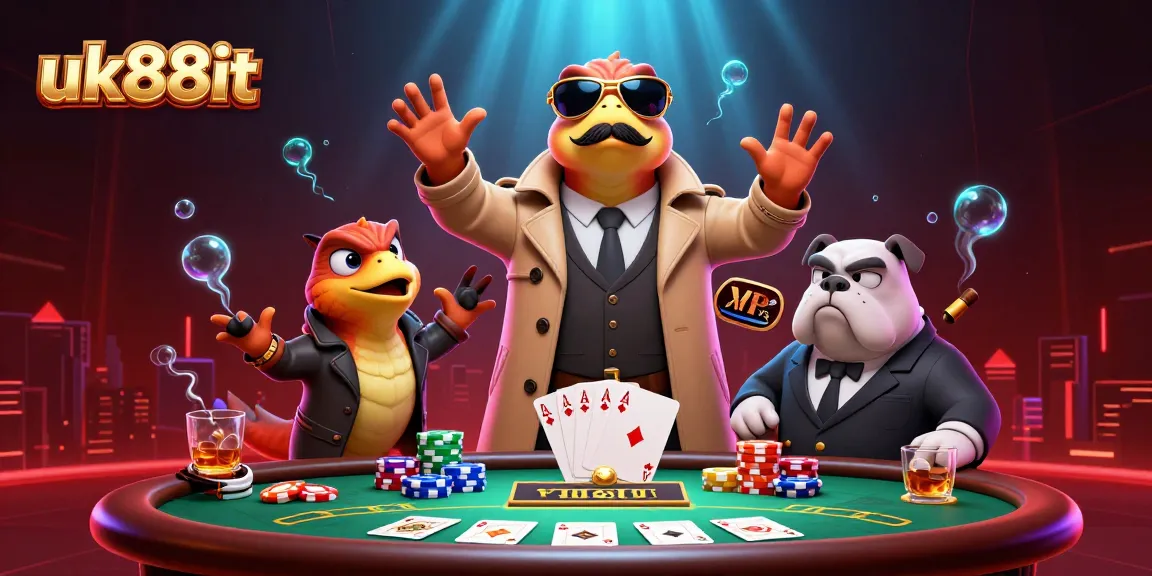 Join the fun at uk88it with cartoon raptors entering a VIP casino lounge filled with poker action.