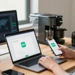 Professional user utilizing 快连 on laptop and smartphone in a modern office workspace.