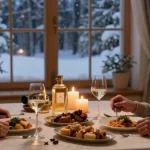 Ontdek de luxe van Lattafa Khamrah in een gezellige wintersetting met elegante tafelarrangementen en sfeervolle kaarsen.