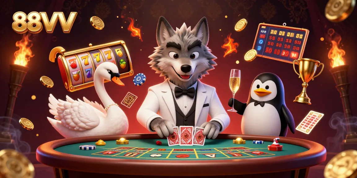 Engaging illustration of 88VV casino characters playing baccarat and celebrating with rich casino elements.