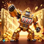 Experience thrilling gameplay with Da88, featuring a vibrant golden gorilla mech and spinning slot reels in a luxurious casino setting.