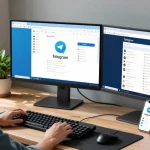 Engaging with Telegram Web Version on a modern desk setup featuring monitors and tech accessories.