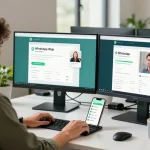 Professional using WhatsApp網頁版 in a modern office workspace.