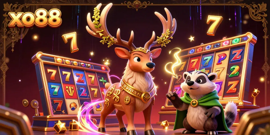 Experience thrilling slots action with xo88, featuring a Celtic druid and a badger in a vibrant casino atmosphere.