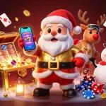 Experience the thrill at VU88 with Santa in a casino setting, jackpot slots, and vibrant game elements.
